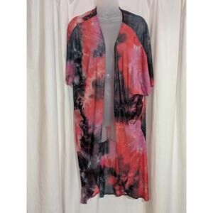 Boho Tie- Dyed Watercolors Sheer Kimono Short Sleeve Light Coverup Sz L